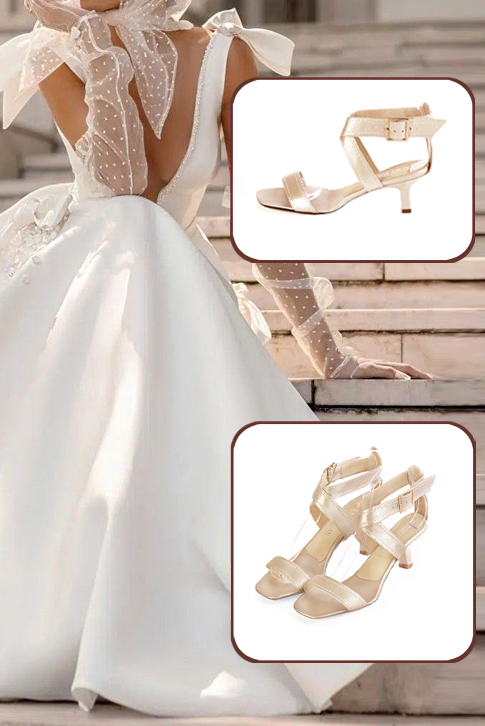 Women's gold elegant fully open cross straps sandals. Square toe. Medium spool heels - Worn view